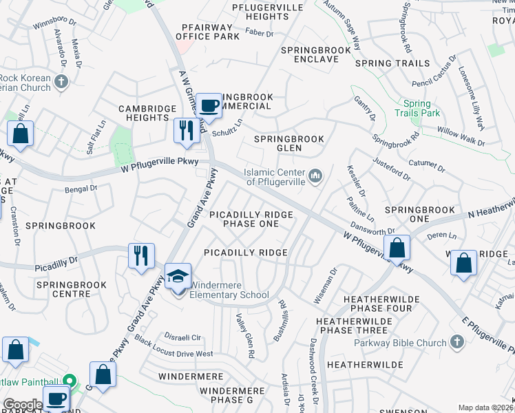 map of restaurants, bars, coffee shops, grocery stores, and more near 17531 Bishopsgate Drive in Pflugerville