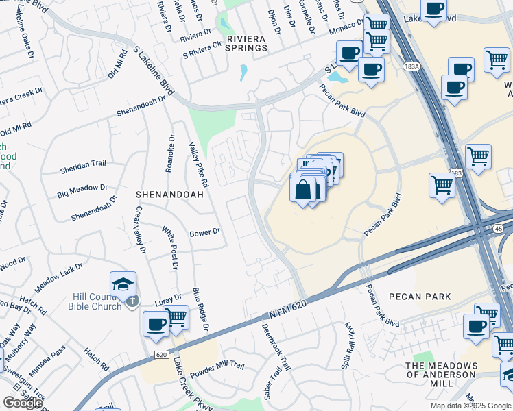 map of restaurants, bars, coffee shops, grocery stores, and more near 12829 Ridgeline Boulevard in Cedar Park