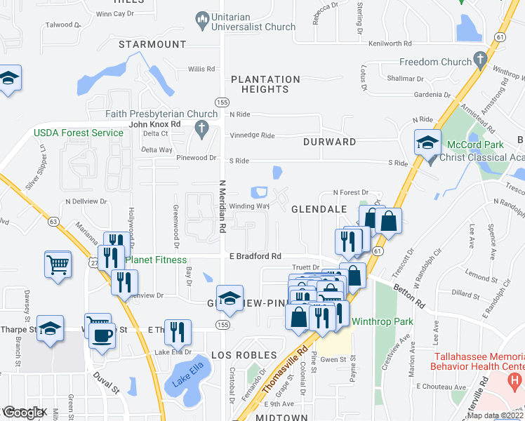 map of restaurants, bars, coffee shops, grocery stores, and more near 9 Winding Way in Tallahassee
