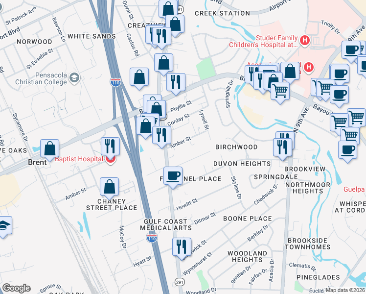 map of restaurants, bars, coffee shops, grocery stores, and more near 527 Amber Street in Pensacola
