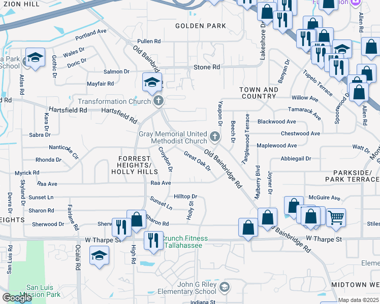 map of restaurants, bars, coffee shops, grocery stores, and more near 2115 Great Oak Drive in Tallahassee
