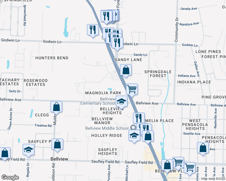 map of restaurants, bars, coffee shops, grocery stores, and more near 4440 Bellview Avenue in Pensacola