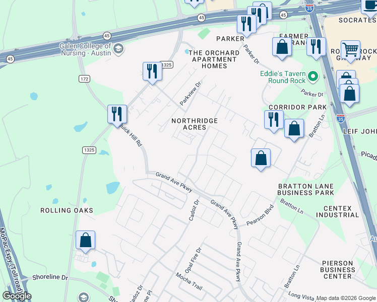 map of restaurants, bars, coffee shops, grocery stores, and more near 4036 Tranquil Lane in Austin