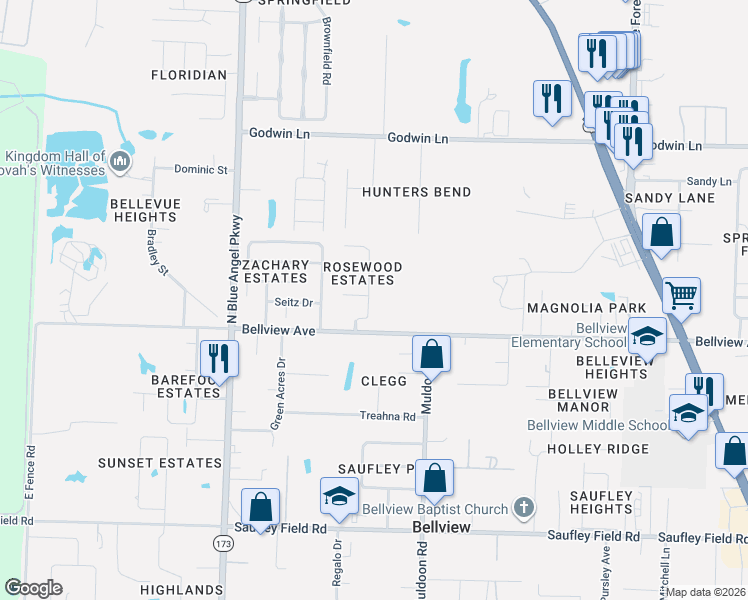 map of restaurants, bars, coffee shops, grocery stores, and more near 6024 Yellow Rose Drive in Pensacola