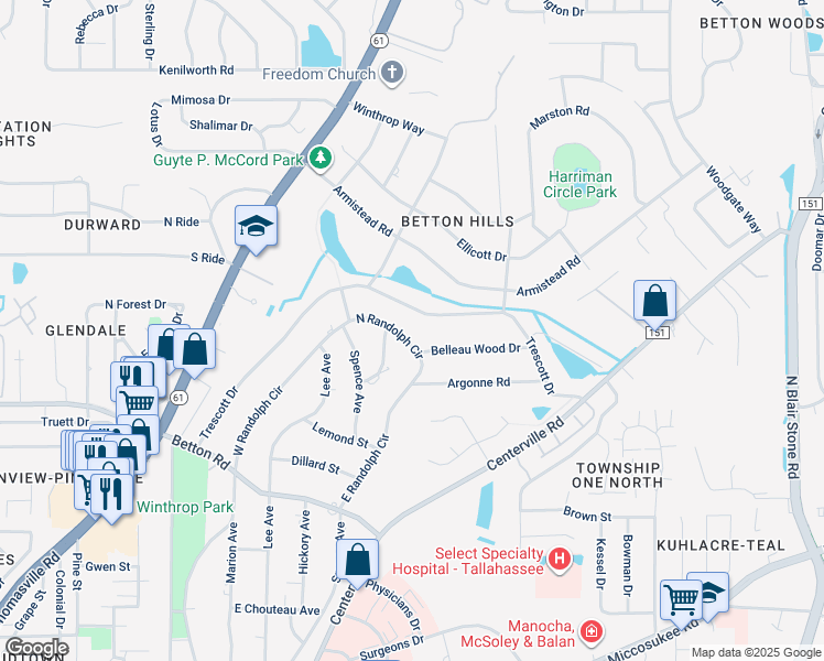 map of restaurants, bars, coffee shops, grocery stores, and more near 1500 Belleau Wood Drive in Tallahassee