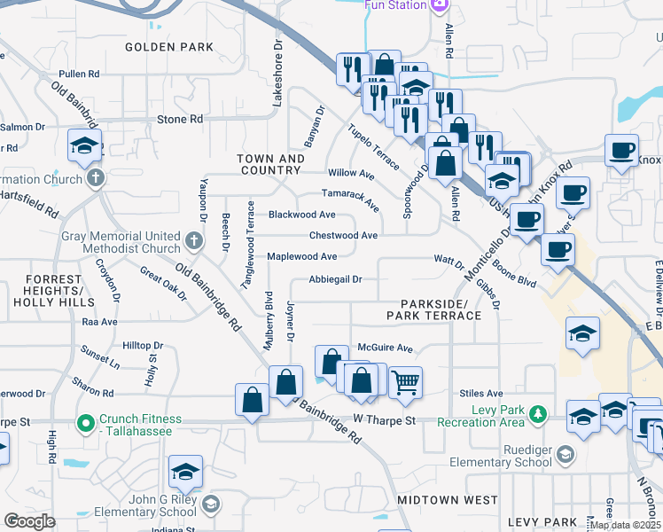 map of restaurants, bars, coffee shops, grocery stores, and more near 914 Abbiegail Drive in Tallahassee