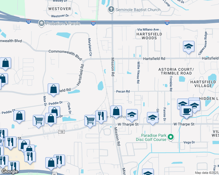 map of restaurants, bars, coffee shops, grocery stores, and more near 3118 Mission Road in Tallahassee
