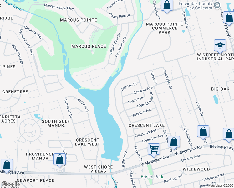 map of restaurants, bars, coffee shops, grocery stores, and more near 6307 Fairview Drive in Pensacola