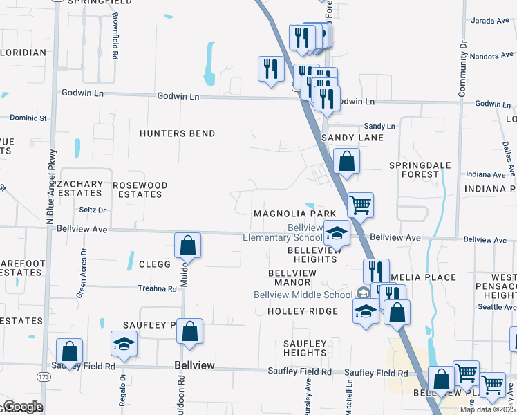 map of restaurants, bars, coffee shops, grocery stores, and more near 4687 Petra Circle in Pensacola