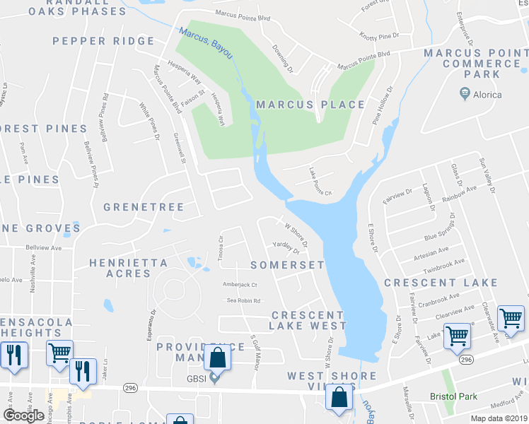 map of restaurants, bars, coffee shops, grocery stores, and more near 6036 West Shore Drive in Pensacola