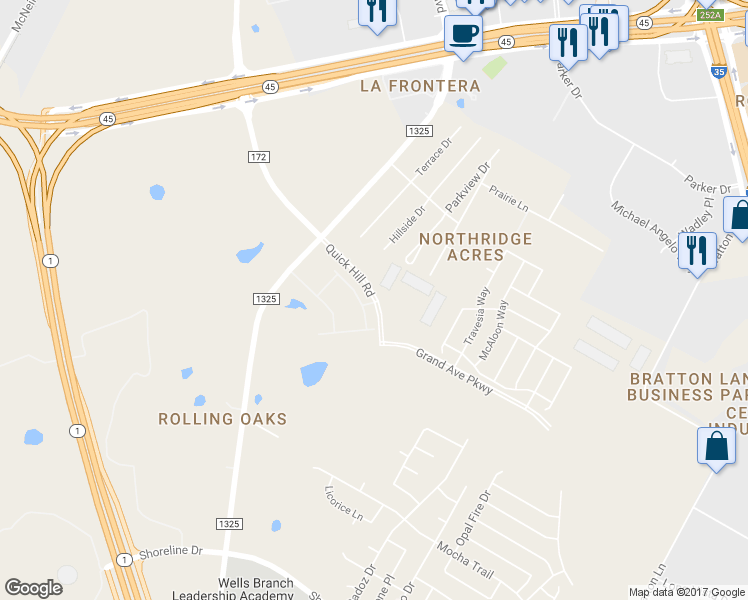 map of restaurants, bars, coffee shops, grocery stores, and more near 3600 Quick Hill Road in Austin