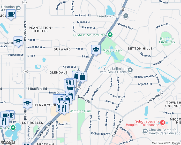 map of restaurants, bars, coffee shops, grocery stores, and more near 2055 Thomasville Road in Tallahassee