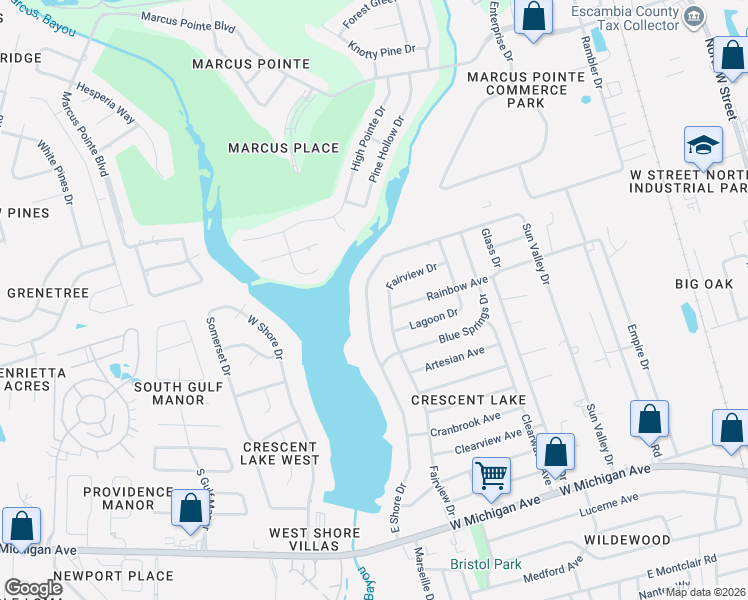 map of restaurants, bars, coffee shops, grocery stores, and more near 6307 Fairview Drive in Pensacola