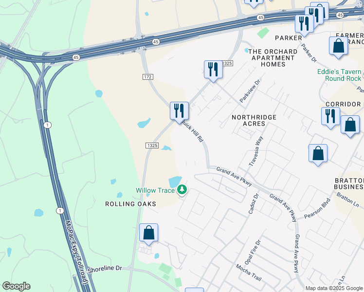 map of restaurants, bars, coffee shops, grocery stores, and more near 3701 Quick Hill Road in Austin