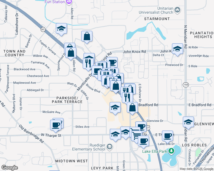 map of restaurants, bars, coffee shops, grocery stores, and more near 2226 North Monroe Street in Tallahassee