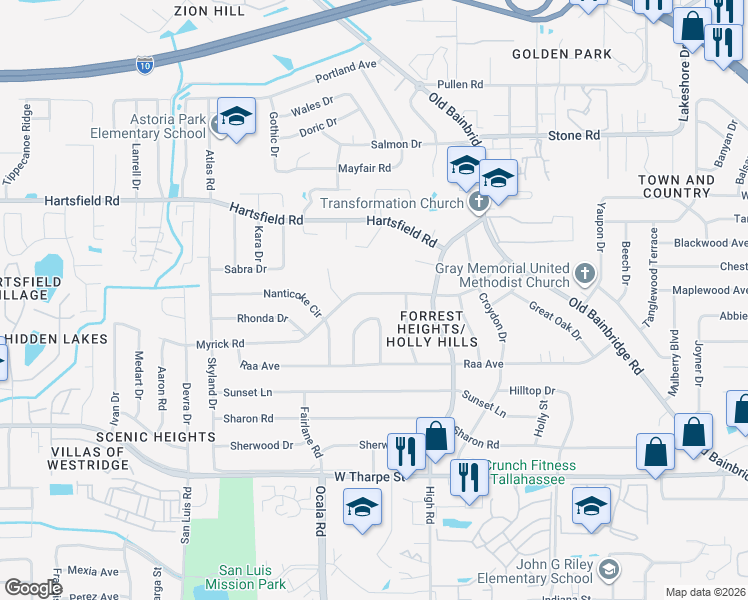 map of restaurants, bars, coffee shops, grocery stores, and more near 1912 West Nelson Circle in Tallahassee