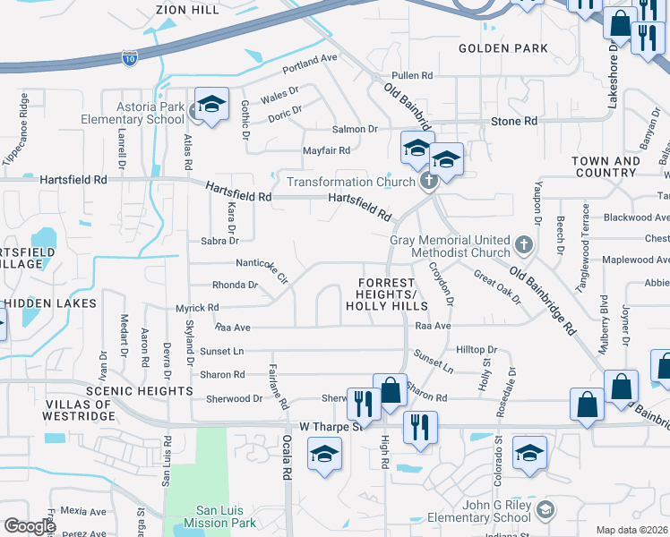 map of restaurants, bars, coffee shops, grocery stores, and more near 1821 Myrick Road in Tallahassee
