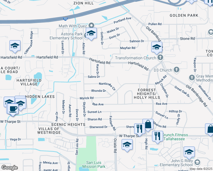 map of restaurants, bars, coffee shops, grocery stores, and more near 1904 Rhonda Drive in Tallahassee