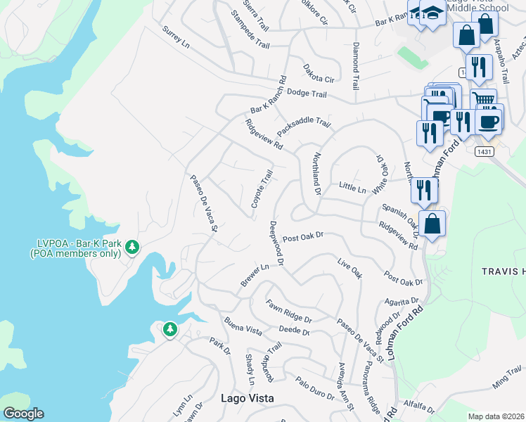 map of restaurants, bars, coffee shops, grocery stores, and more near 21459 Coyote Trail in Lago Vista