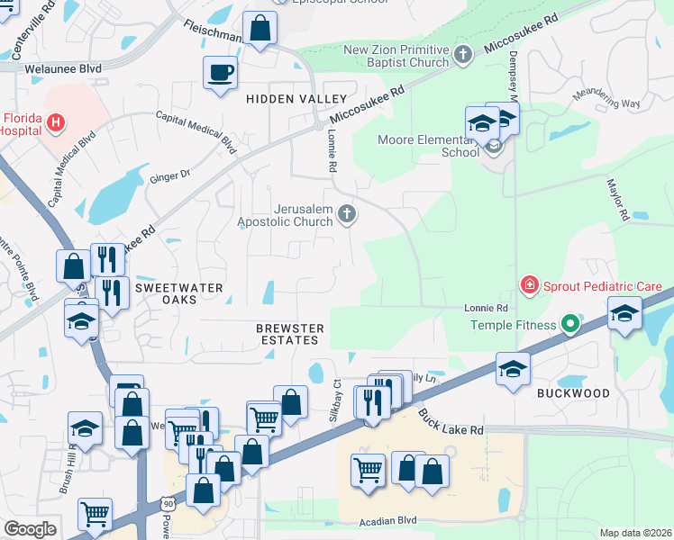 map of restaurants, bars, coffee shops, grocery stores, and more near 3470 Bear Creek Road in Tallahassee