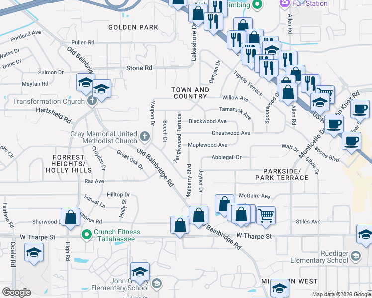 map of restaurants, bars, coffee shops, grocery stores, and more near 2213 Mulberry Boulevard in Tallahassee