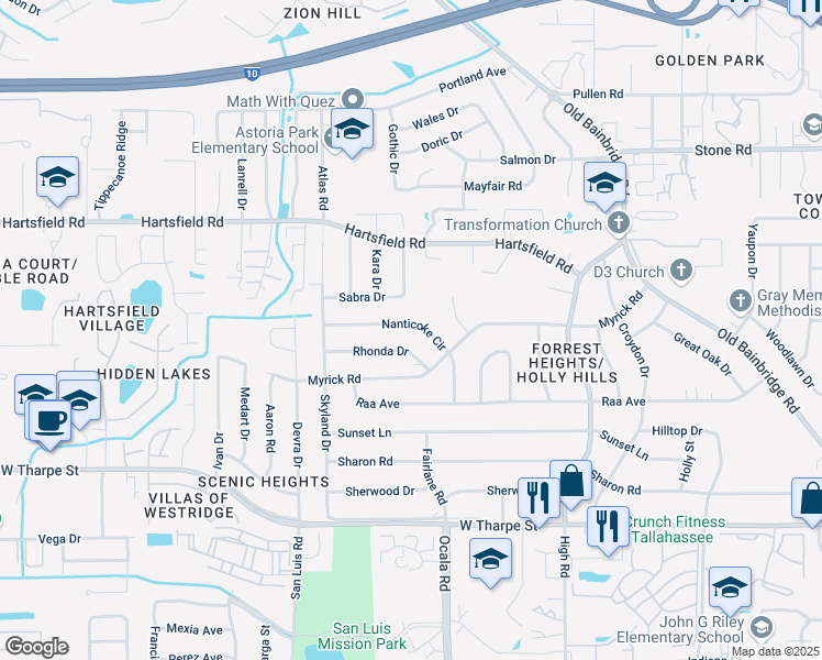 map of restaurants, bars, coffee shops, grocery stores, and more near 1904 Rhonda Drive in Tallahassee