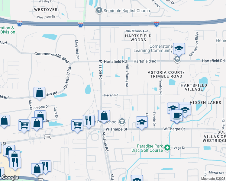map of restaurants, bars, coffee shops, grocery stores, and more near 2748A Pecan Road in Tallahassee