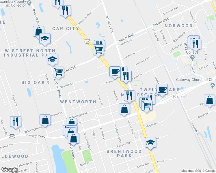 map of restaurants, bars, coffee shops, grocery stores, and more near 1027 Cary Memorial Drive in Pensacola
