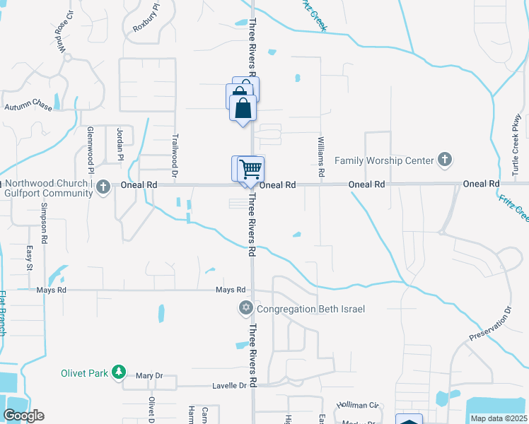 map of restaurants, bars, coffee shops, grocery stores, and more near 12450 Three Rivers Road in Gulfport