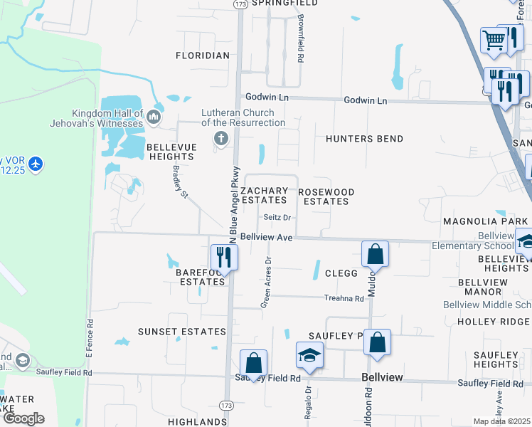 map of restaurants, bars, coffee shops, grocery stores, and more near 5460 Seitz Drive in Pensacola