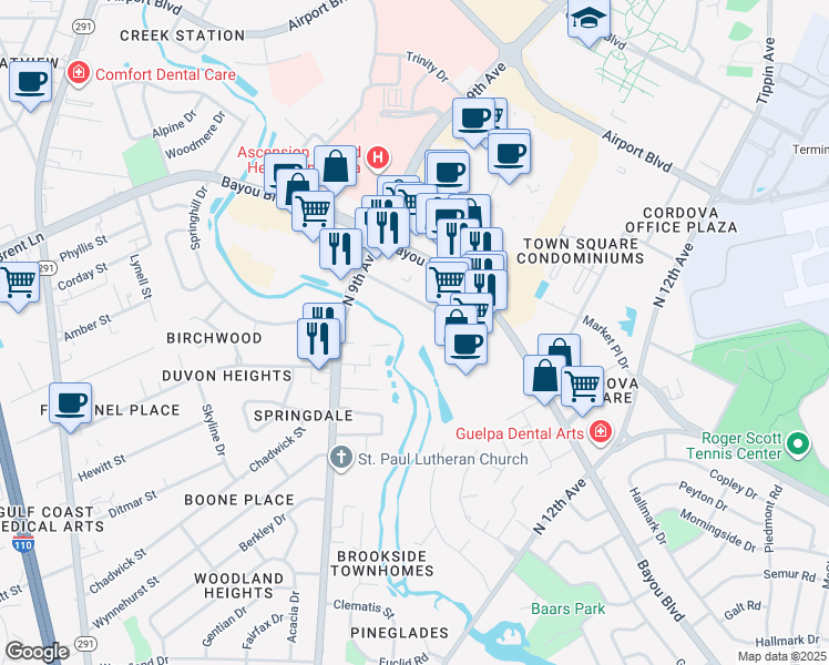 map of restaurants, bars, coffee shops, grocery stores, and more near 5000 Carpenters Creek Drive in Pensacola