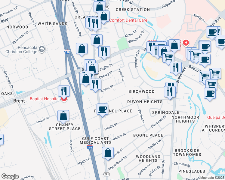 map of restaurants, bars, coffee shops, grocery stores, and more near 544 Selina Street in Pensacola