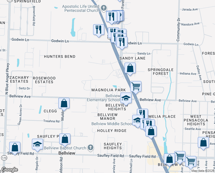 map of restaurants, bars, coffee shops, grocery stores, and more near 4647 Petra Circle in Pensacola