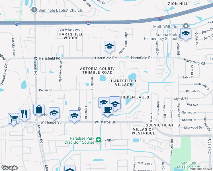 map of restaurants, bars, coffee shops, grocery stores, and more near 2529 Pecan Road in Tallahassee