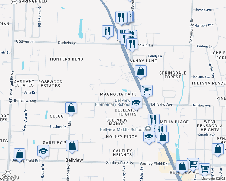 map of restaurants, bars, coffee shops, grocery stores, and more near 4666 Petra Circle in Pensacola