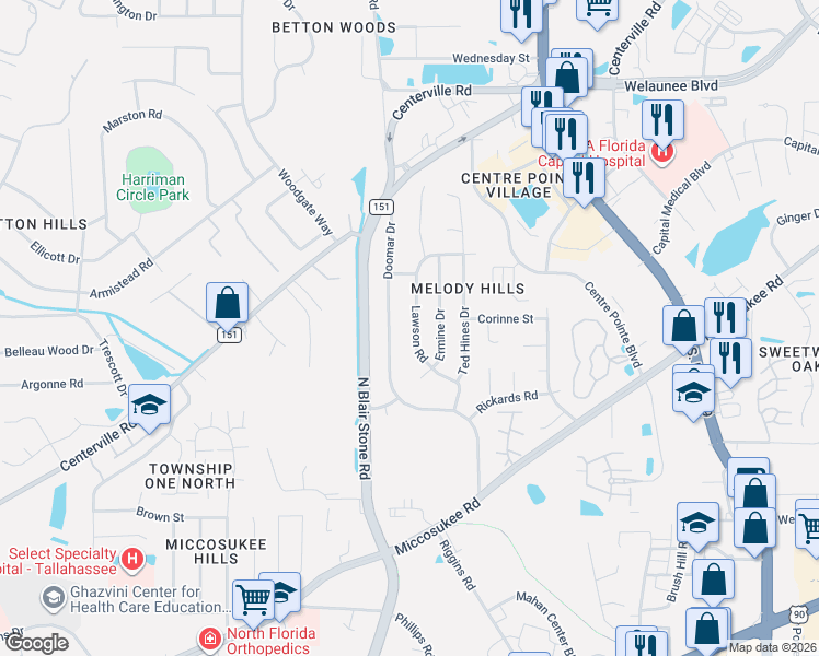 map of restaurants, bars, coffee shops, grocery stores, and more near 1927 Lawson Road in Tallahassee