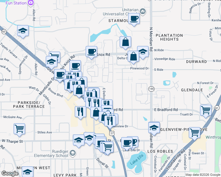 map of restaurants, bars, coffee shops, grocery stores, and more near 2107 East Dellview Drive in Tallahassee