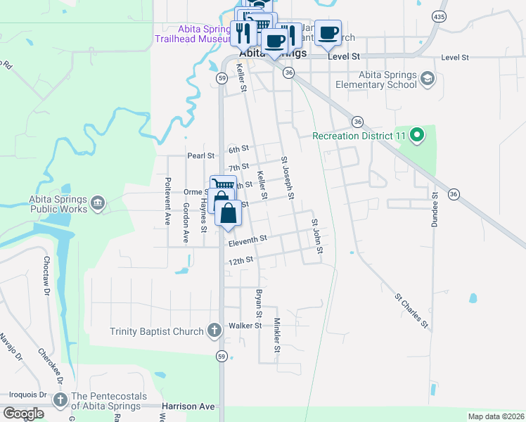 map of restaurants, bars, coffee shops, grocery stores, and more near 71361 Keller Street in Abita Springs