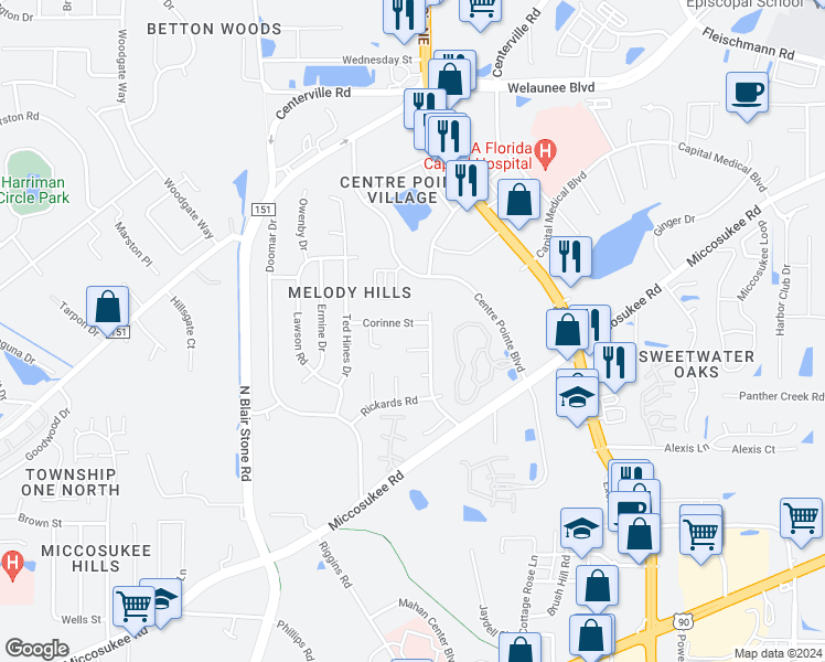 map of restaurants, bars, coffee shops, grocery stores, and more near 2131 Sand Dune Court in Tallahassee