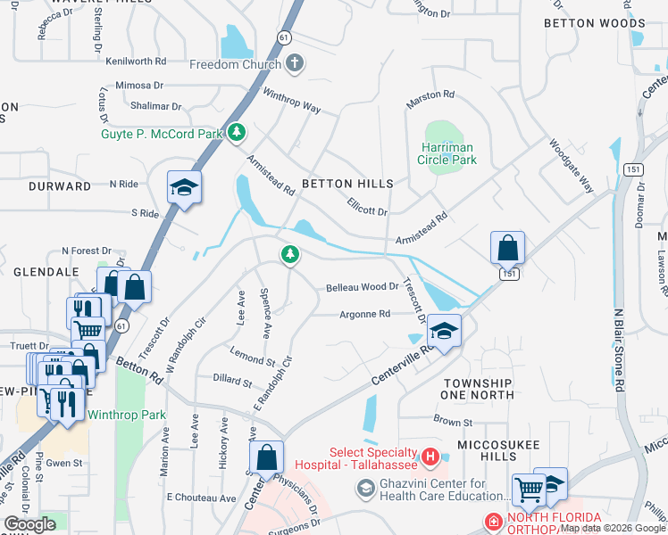map of restaurants, bars, coffee shops, grocery stores, and more near 1500 Belleau Wood Drive in Tallahassee