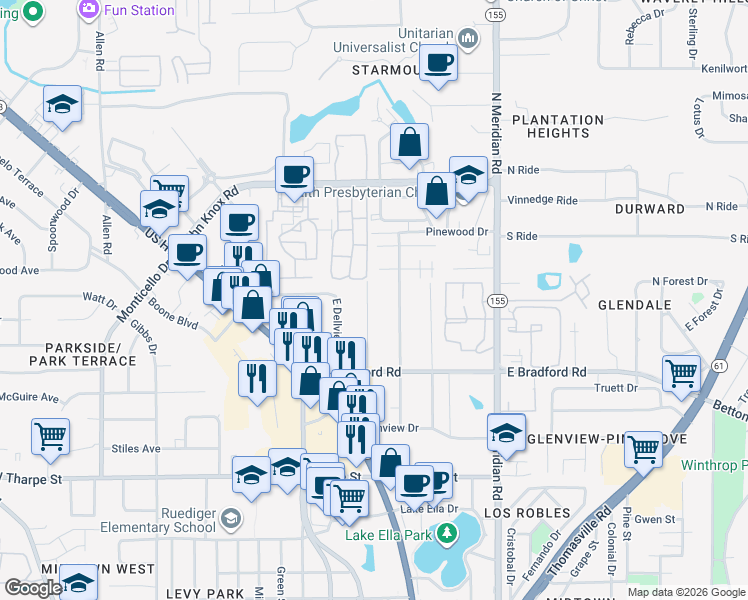 map of restaurants, bars, coffee shops, grocery stores, and more near 2046 Dellwood Drive in Tallahassee