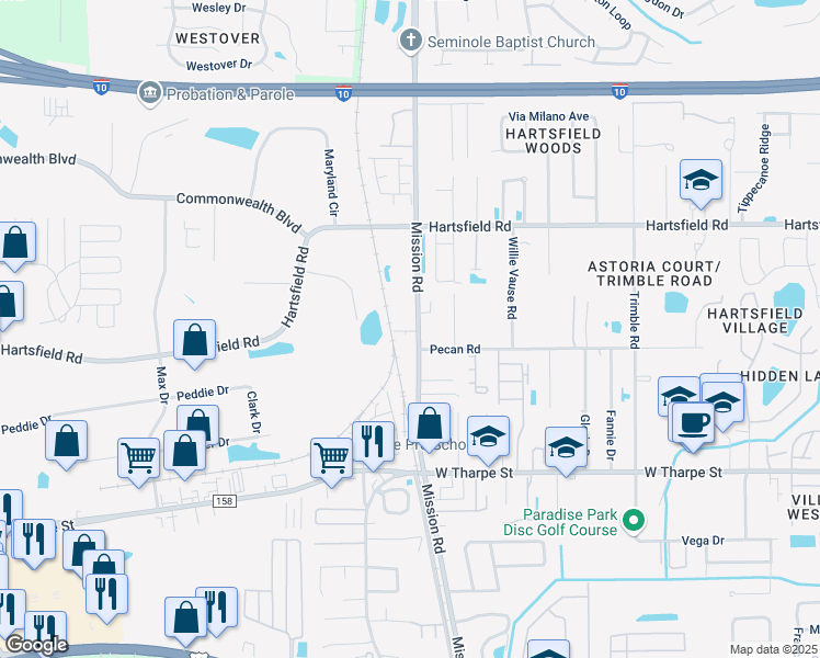 map of restaurants, bars, coffee shops, grocery stores, and more near 3118 Mission Road in Tallahassee