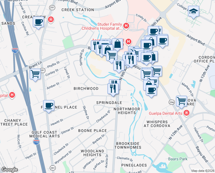 map of restaurants, bars, coffee shops, grocery stores, and more near 4805 North 9th Avenue in Pensacola