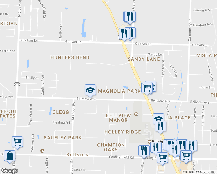 map of restaurants, bars, coffee shops, grocery stores, and more near 4690 Petra Circle in Pensacola