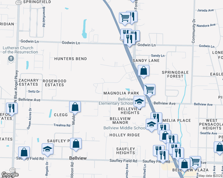 map of restaurants, bars, coffee shops, grocery stores, and more near 4688 Petra Circle in Pensacola