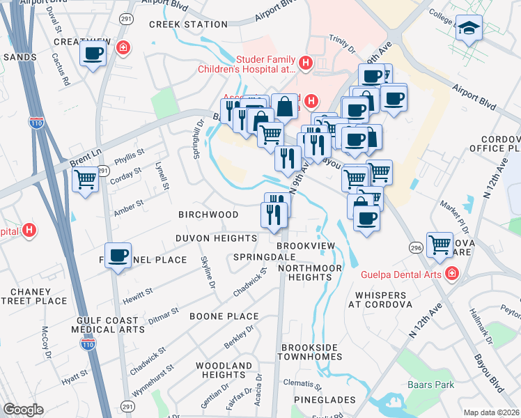 map of restaurants, bars, coffee shops, grocery stores, and more near 4805 North 9th Avenue in Pensacola