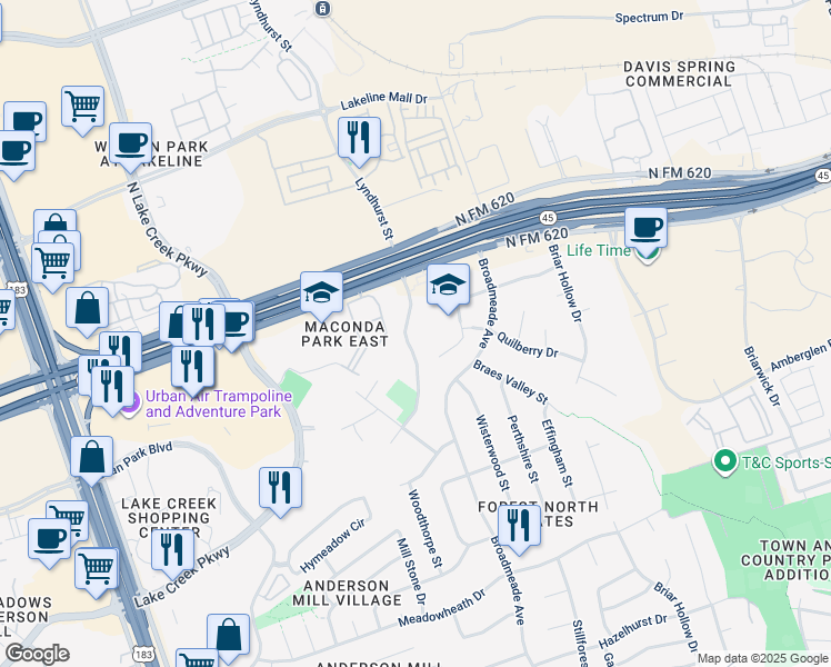 map of restaurants, bars, coffee shops, grocery stores, and more near 13420 Lyndhurst Street in Austin