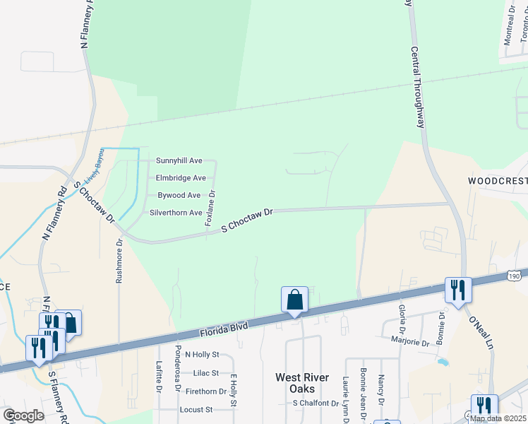 map of restaurants, bars, coffee shops, grocery stores, and more near South Choctaw Drive in Baton Rouge