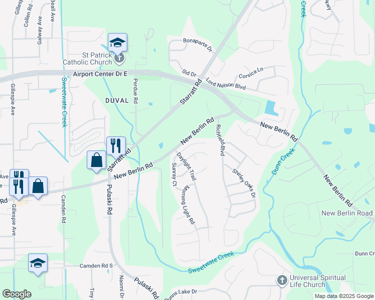 map of restaurants, bars, coffee shops, grocery stores, and more near 1228 Sunray Court in Jacksonville