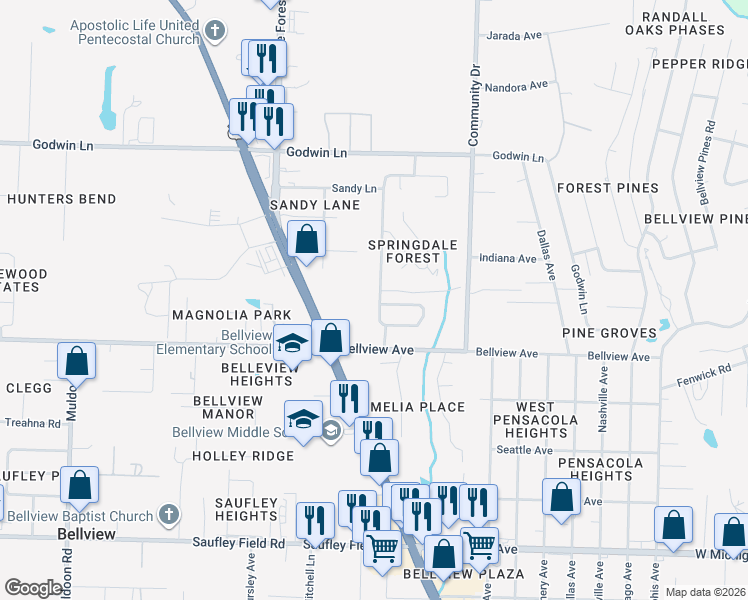 map of restaurants, bars, coffee shops, grocery stores, and more near 1017 Simpson Street in Pensacola